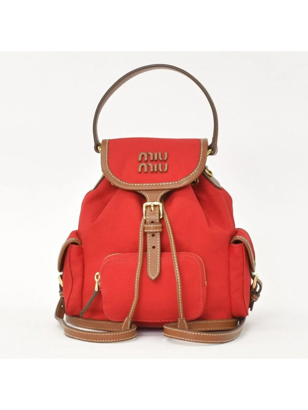 Miu Miu Canvas Leather Backpack Red Brown Gold